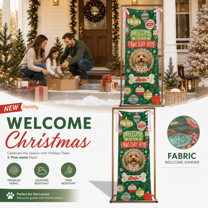 Custom Photo Dog Christmas Family Fabric Welcome Banner, Personalized Dog Name Pawliday Home Entrance Hanging Sign with Ribbon Ties, Green Vintage Ornament Holiday Party Decor