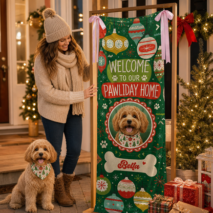 Custom Photo Dog Christmas Family Fabric Welcome Banner, Personalized Dog Name Pawliday Home Entrance Hanging Sign with Ribbon Ties, Green Vintage Ornament Holiday Party Decor