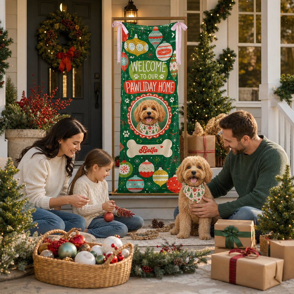 Custom Photo Dog Christmas Family Fabric Welcome Banner, Personalized Dog Name Pawliday Home Entrance Hanging Sign with Ribbon Ties, Green Vintage Ornament Holiday Party Decor