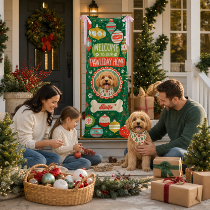 Custom Photo Dog Christmas Family Fabric Welcome Banner, Personalized Dog Name Pawliday Home Entrance Hanging Sign with Ribbon Ties, Green Vintage Ornament Holiday Party Decor