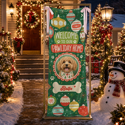 Custom Photo Dog Christmas Family Fabric Welcome Banner, Personalized Dog Name Pawliday Home Entrance Hanging Sign with Ribbon Ties, Green Vintage Ornament Holiday Party Decor