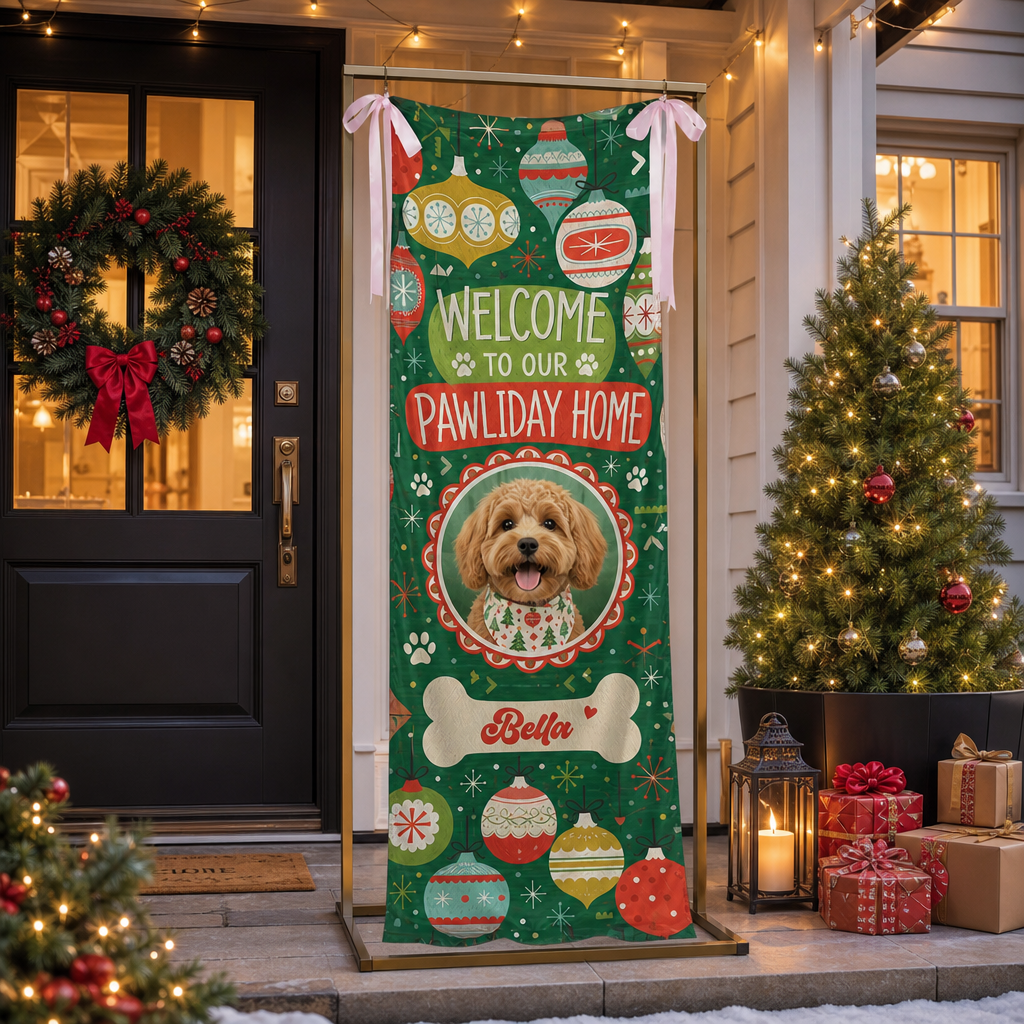 Custom Photo Dog Christmas Family Fabric Welcome Banner, Personalized Dog Name Pawliday Home Entrance Hanging Sign with Ribbon Ties, Green Vintage Ornament Holiday Party Decor