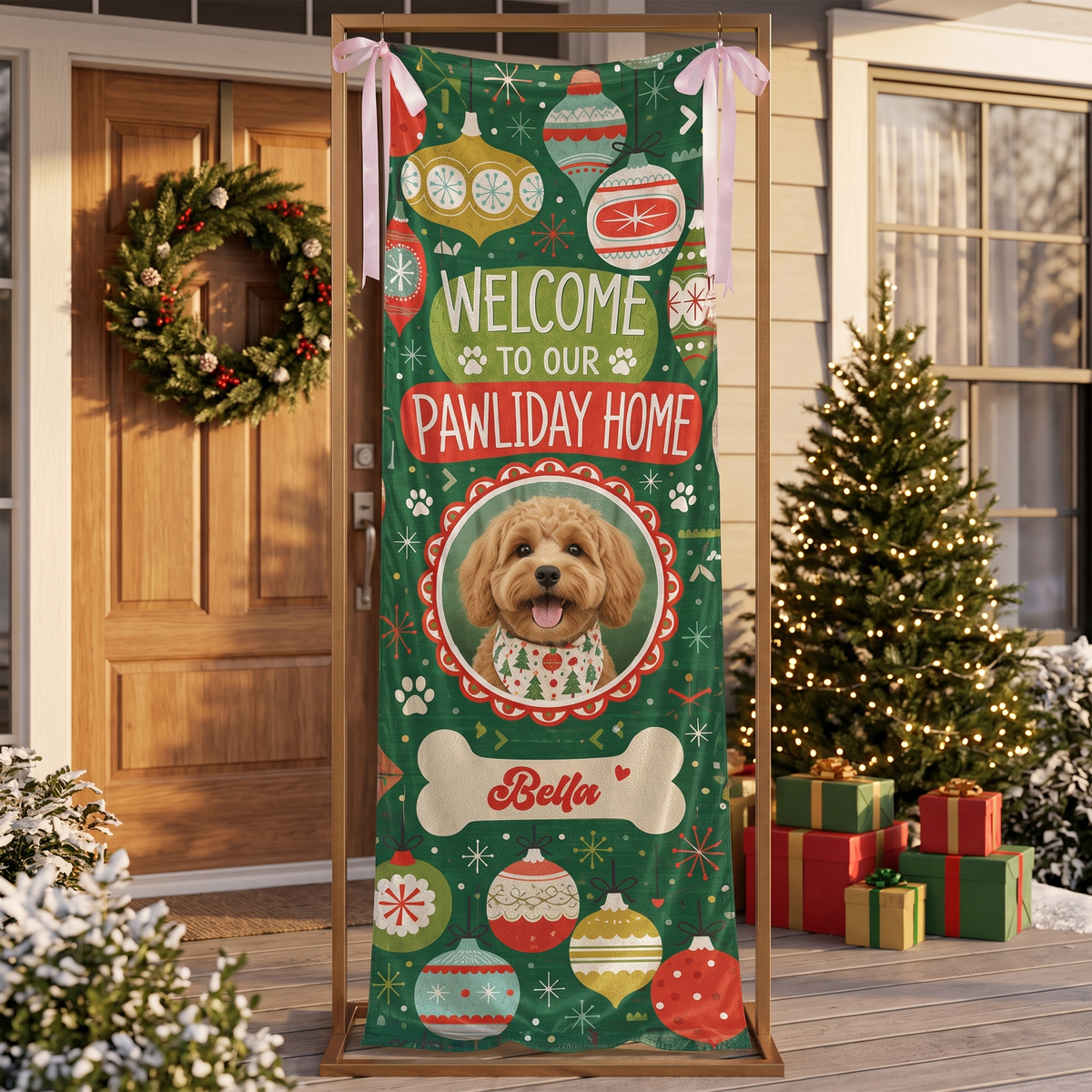 Custom Photo Dog Christmas Family Fabric Welcome Banner, Personalized Dog Name Pawliday Home Entrance Hanging Sign with Ribbon Ties, Green Vintage Ornament Holiday Party Decor
