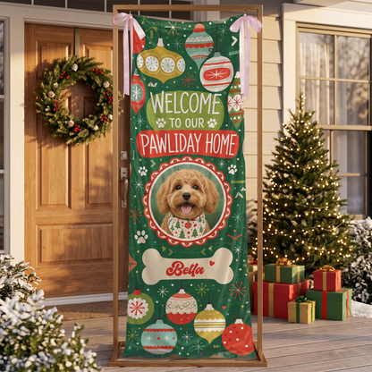 Custom Photo Dog Christmas Family Fabric Welcome Banner, Personalized Dog Name Pawliday Home Entrance Hanging Sign with Ribbon Ties, Green Vintage Ornament Holiday Party Decor