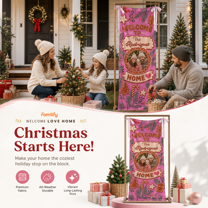 Custom Photo Pink Gingerbread Christmas Family Fabric Welcome Banner, Personalized Family Name Holiday Entrance Hanging Sign with Ribbon Ties, Pink Gingerbread House Cookie Party Decor