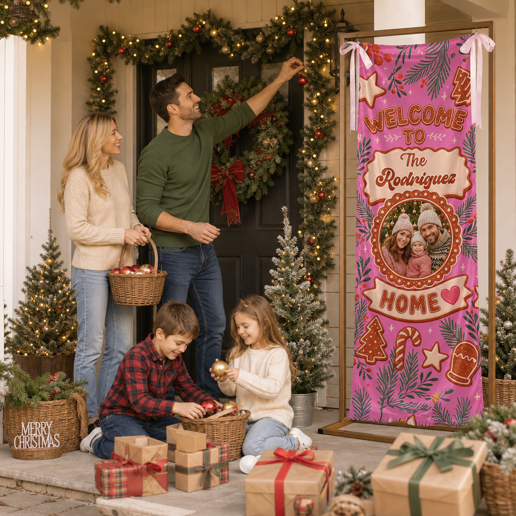Custom Photo Pink Gingerbread Christmas Family Fabric Welcome Banner, Personalized Family Name Holiday Entrance Hanging Sign with Ribbon Ties, Pink Gingerbread House Cookie Party Decor