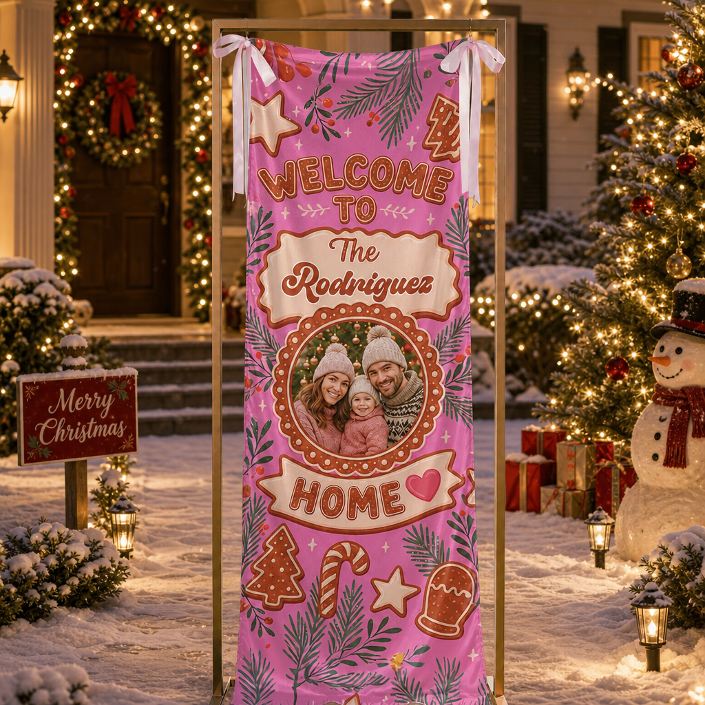 Custom Photo Pink Gingerbread Christmas Family Fabric Welcome Banner, Personalized Family Name Holiday Entrance Hanging Sign with Ribbon Ties, Pink Gingerbread House Cookie Party Decor