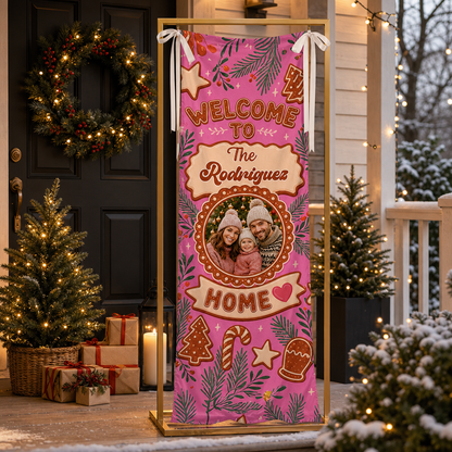 Custom Photo Pink Gingerbread Christmas Family Fabric Welcome Banner, Personalized Family Name Holiday Entrance Hanging Sign with Ribbon Ties, Pink Gingerbread House Cookie Party Decor