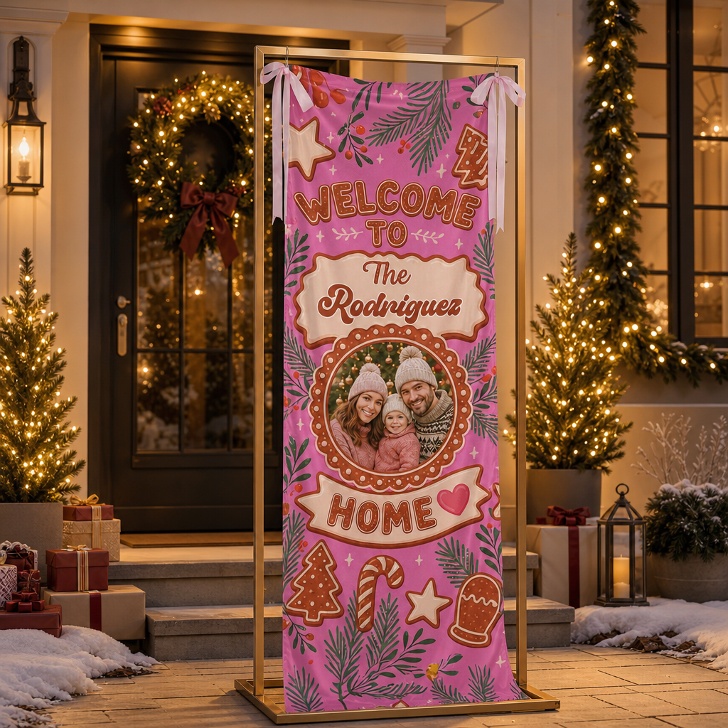 Custom Photo Pink Gingerbread Christmas Family Fabric Welcome Banner, Personalized Family Name Holiday Entrance Hanging Sign with Ribbon Ties, Pink Gingerbread House Cookie Party Decor