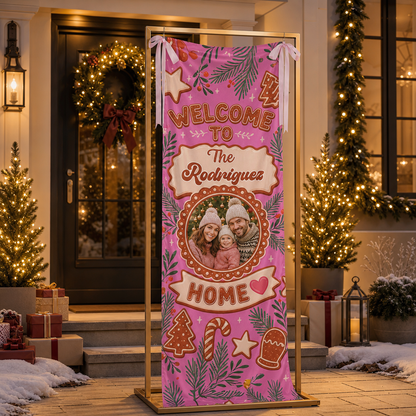 Custom Photo Pink Gingerbread Christmas Family Fabric Welcome Banner, Personalized Family Name Holiday Entrance Hanging Sign with Ribbon Ties, Pink Gingerbread House Cookie Party Decor