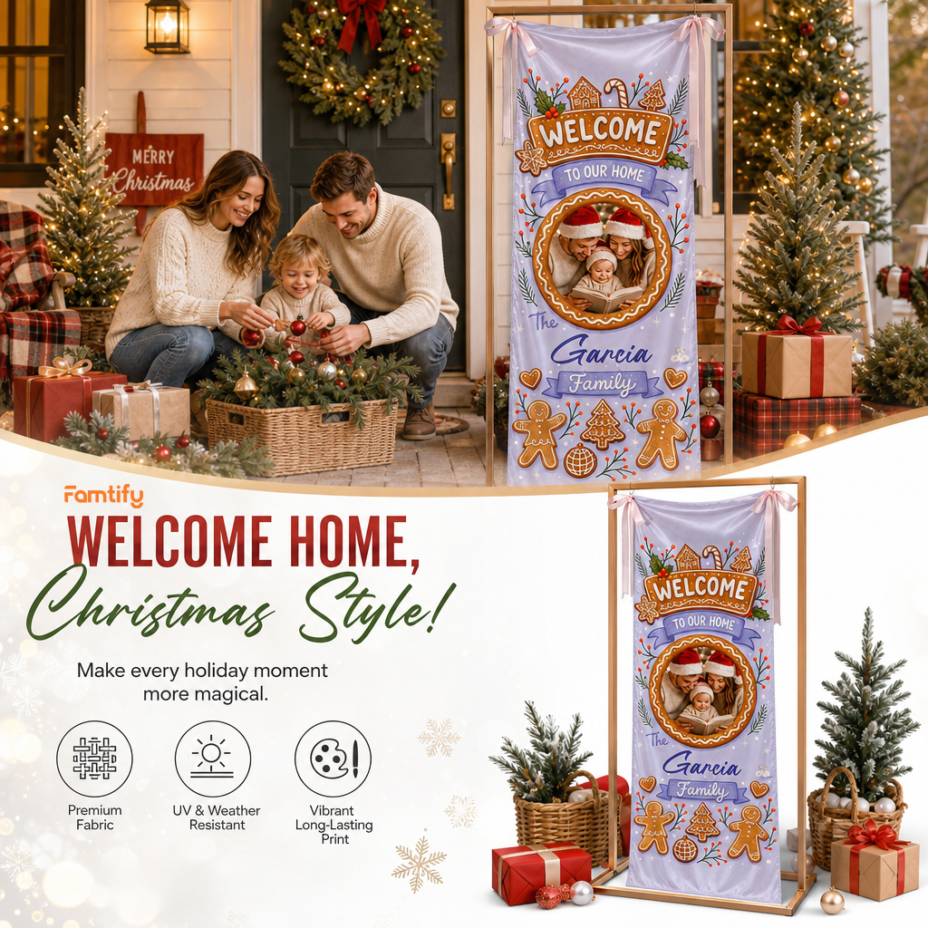 Custom Photo Purple Gingerbread House Christmas Family Fabric Welcome Banner, Personalized Family Name Holiday Entrance Hanging Sign with Ribbon Ties, Pastel Lavender Decor