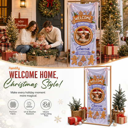 Custom Photo Purple Gingerbread House Christmas Family Fabric Welcome Banner, Personalized Family Name Holiday Entrance Hanging Sign with Ribbon Ties, Pastel Lavender Decor