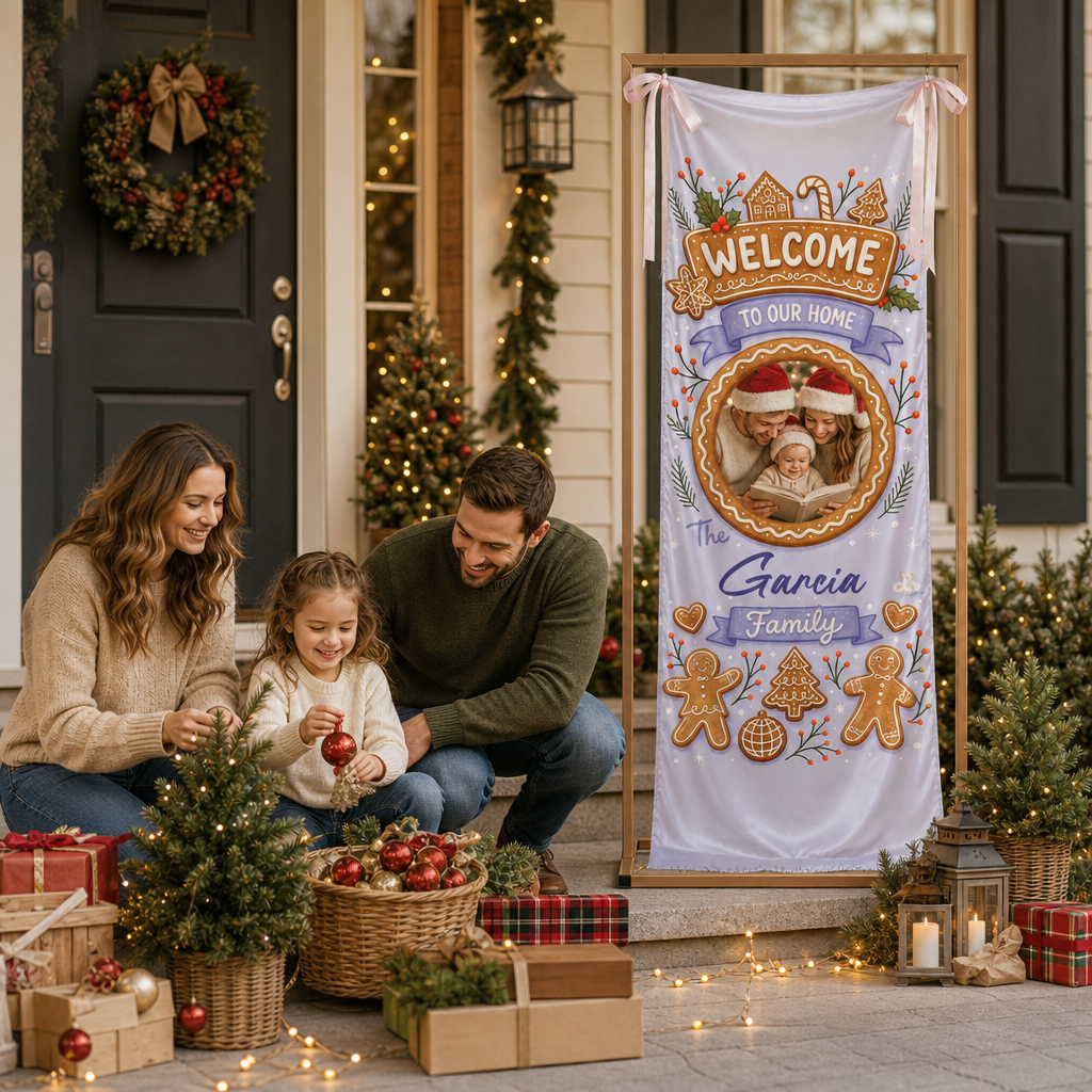 Custom Photo Purple Gingerbread House Christmas Family Fabric Welcome Banner, Personalized Family Name Holiday Entrance Hanging Sign with Ribbon Ties, Pastel Lavender Decor
