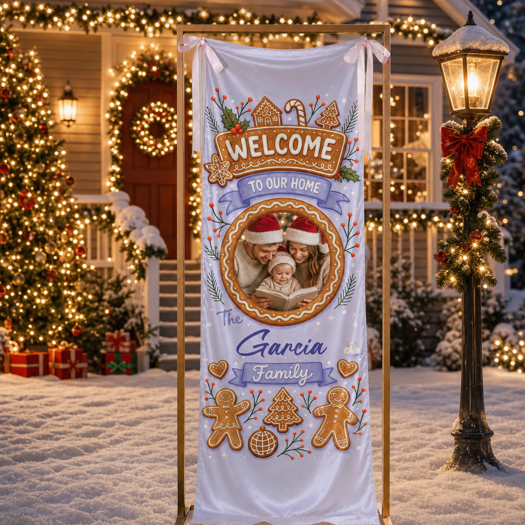 Custom Photo Purple Gingerbread House Christmas Family Fabric Welcome Banner, Personalized Family Name Holiday Entrance Hanging Sign with Ribbon Ties, Pastel Lavender Decor