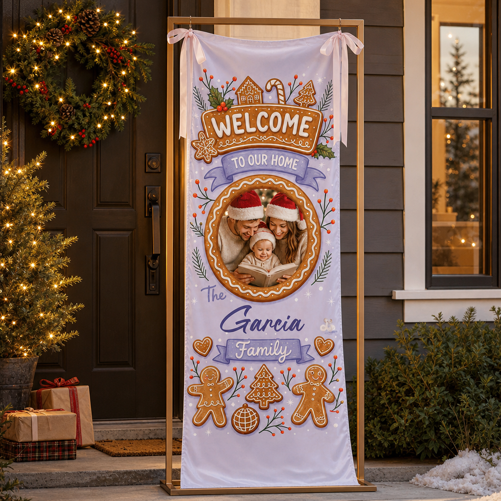 Custom Photo Purple Gingerbread House Christmas Family Fabric Welcome Banner, Personalized Family Name Holiday Entrance Hanging Sign with Ribbon Ties, Pastel Lavender Decor