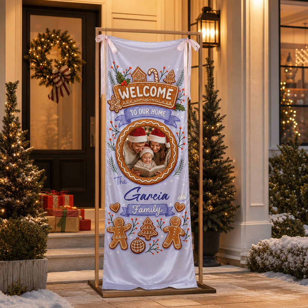 Custom Photo Purple Gingerbread House Christmas Family Fabric Welcome Banner, Personalized Family Name Holiday Entrance Hanging Sign with Ribbon Ties, Pastel Lavender Decor