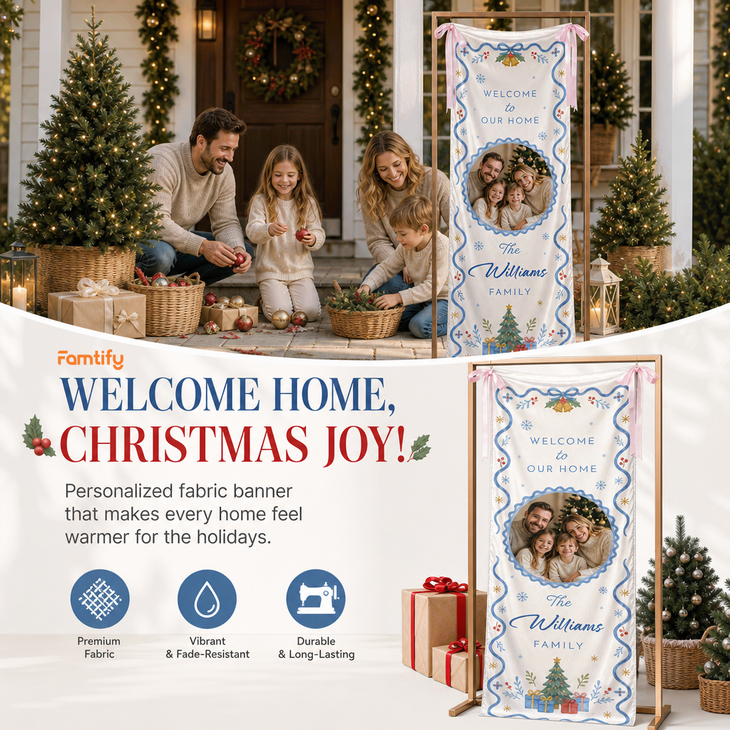 Custom Photo Blue Ribbon Christmas Family Fabric Welcome Banner, Personalized Family Name Holiday Entrance Hanging Sign with Ribbon Ties, Elegant Blue & Gold Xmas Party Decor