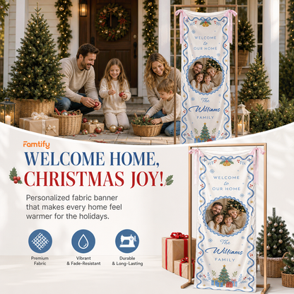 Custom Photo Blue Ribbon Christmas Family Fabric Welcome Banner, Personalized Family Name Holiday Entrance Hanging Sign with Ribbon Ties, Elegant Blue & Gold Xmas Party Decor