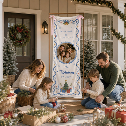 Custom Photo Blue Ribbon Christmas Family Fabric Welcome Banner, Personalized Family Name Holiday Entrance Hanging Sign with Ribbon Ties, Elegant Blue & Gold Xmas Party Decor