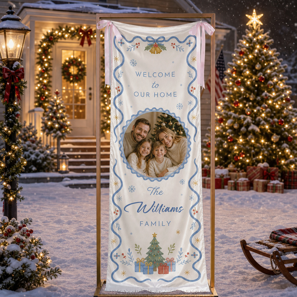 Custom Photo Blue Ribbon Christmas Family Fabric Welcome Banner, Personalized Family Name Holiday Entrance Hanging Sign with Ribbon Ties, Elegant Blue & Gold Xmas Party Decor
