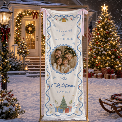 Custom Photo Blue Ribbon Christmas Family Fabric Welcome Banner, Personalized Family Name Holiday Entrance Hanging Sign with Ribbon Ties, Elegant Blue & Gold Xmas Party Decor