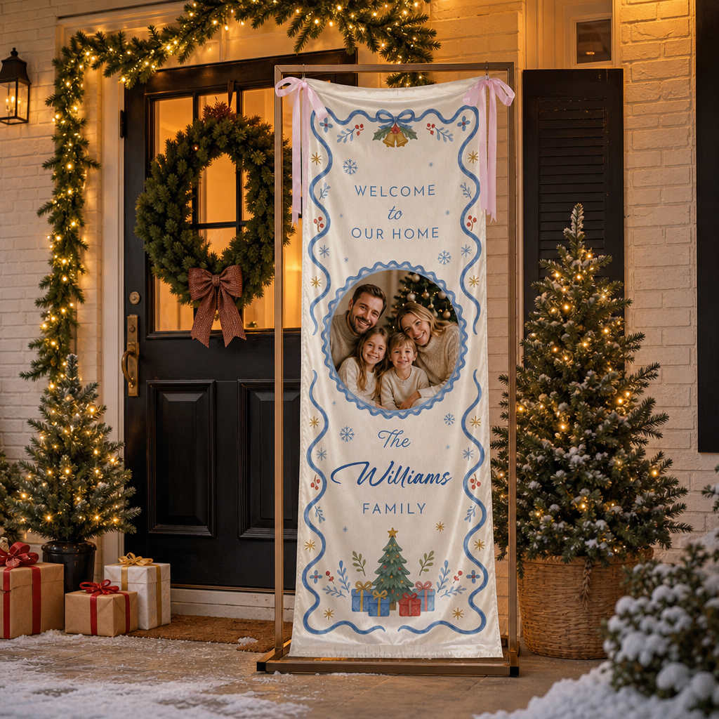 Custom Photo Blue Ribbon Christmas Family Fabric Welcome Banner, Personalized Family Name Holiday Entrance Hanging Sign with Ribbon Ties, Elegant Blue & Gold Xmas Party Decor
