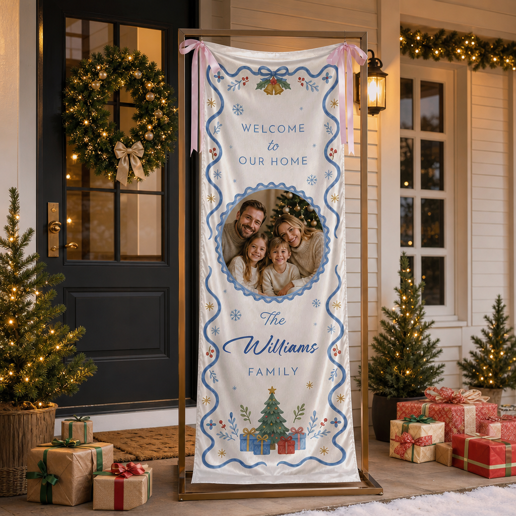 Custom Photo Blue Ribbon Christmas Family Fabric Welcome Banner, Personalized Family Name Holiday Entrance Hanging Sign with Ribbon Ties, Elegant Blue & Gold Xmas Party Decor