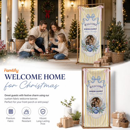 Custom Photo Yellow Stripe Christmas Family Fabric Welcome Banner, Personalized Family Name Holiday Entrance Hanging Sign with Ribbon Ties, Pastel Blue Bow Christmas Decor