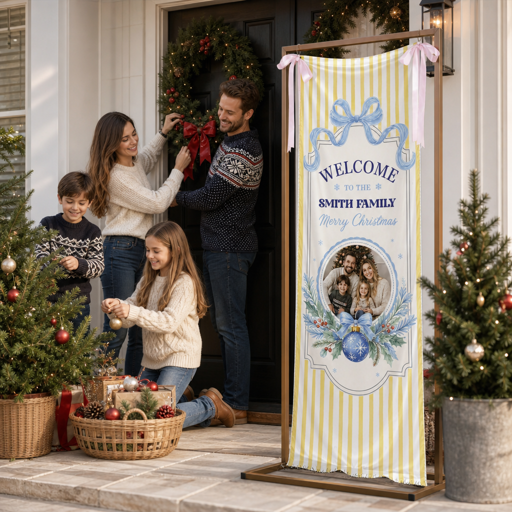 Custom Photo Yellow Stripe Christmas Family Fabric Welcome Banner, Personalized Family Name Holiday Entrance Hanging Sign with Ribbon Ties, Pastel Blue Bow Christmas Decor