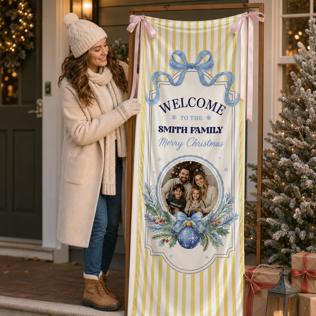 Custom Photo Yellow Stripe Christmas Family Fabric Welcome Banner, Personalized Family Name Holiday Entrance Hanging Sign with Ribbon Ties, Pastel Blue Bow Christmas Decor