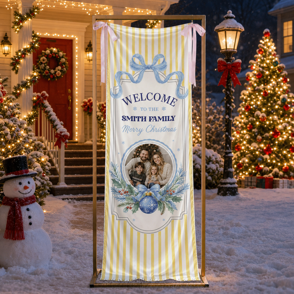 Custom Photo Yellow Stripe Christmas Family Fabric Welcome Banner, Personalized Family Name Holiday Entrance Hanging Sign with Ribbon Ties, Pastel Blue Bow Christmas Decor
