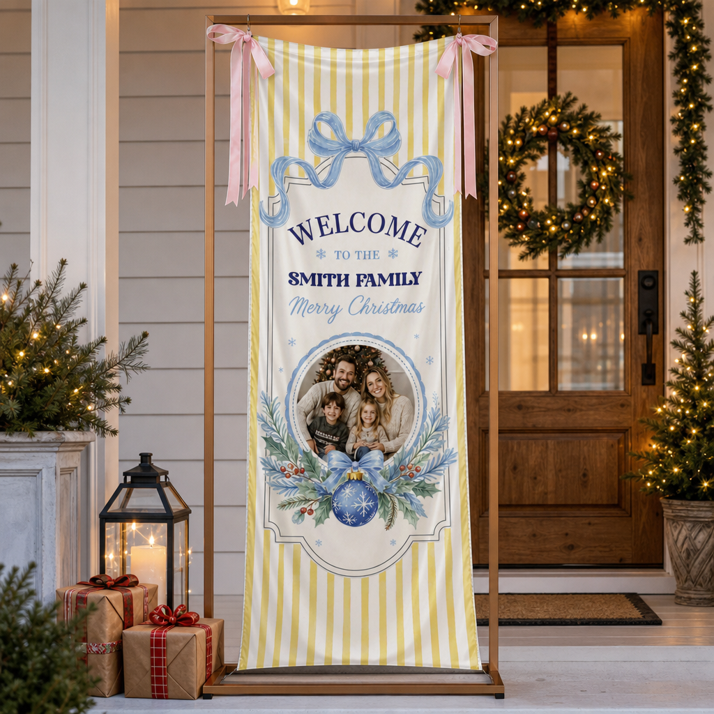 Custom Photo Yellow Stripe Christmas Family Fabric Welcome Banner, Personalized Family Name Holiday Entrance Hanging Sign with Ribbon Ties, Pastel Blue Bow Christmas Decor