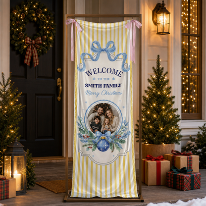 Custom Photo Yellow Stripe Christmas Family Fabric Welcome Banner, Personalized Family Name Holiday Entrance Hanging Sign with Ribbon Ties, Pastel Blue Bow Christmas Decor