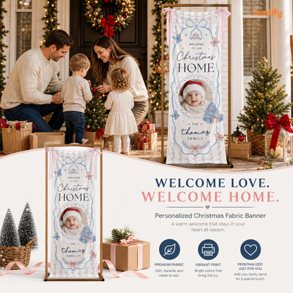 Custom Photo Baby Christmas Family Fabric Welcome Banner, Personalized Family Name Christmas Home Entrance Hanging Sign with Ribbon Ties, Delicate Pastel Blue Bow & Butterfly Decor