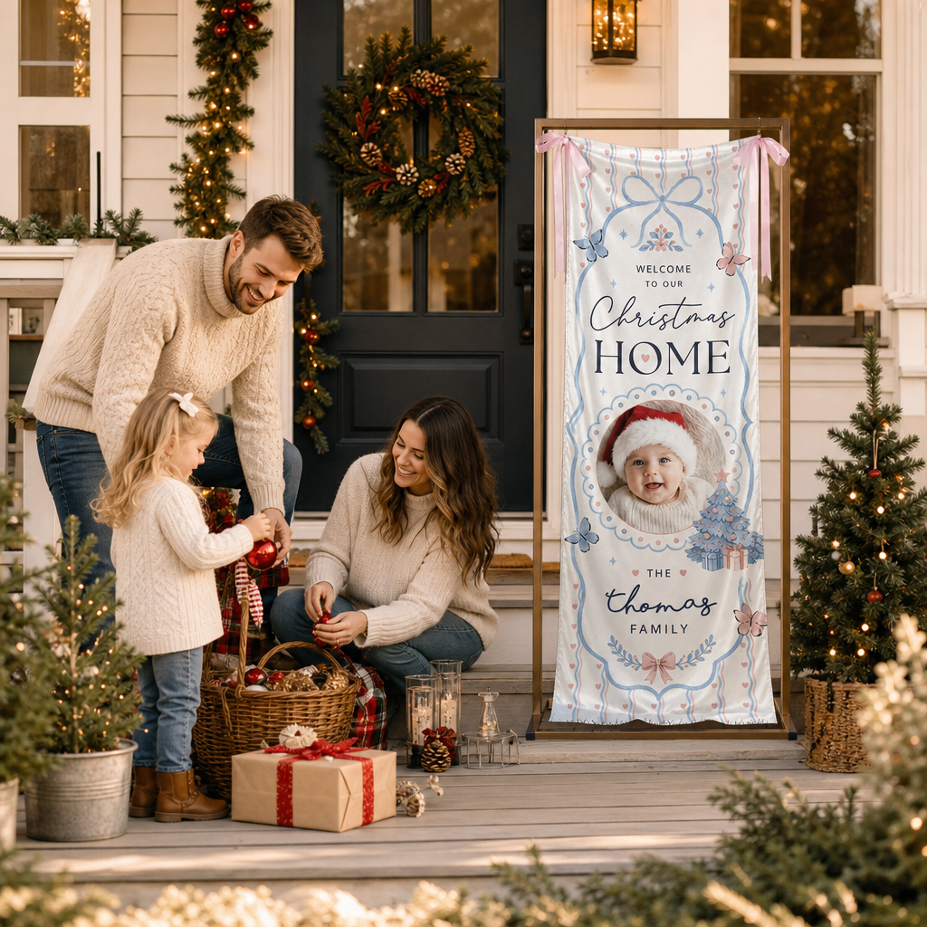 Custom Photo Baby Christmas Family Fabric Welcome Banner, Personalized Family Name Christmas Home Entrance Hanging Sign with Ribbon Ties, Delicate Pastel Blue Bow & Butterfly Decor