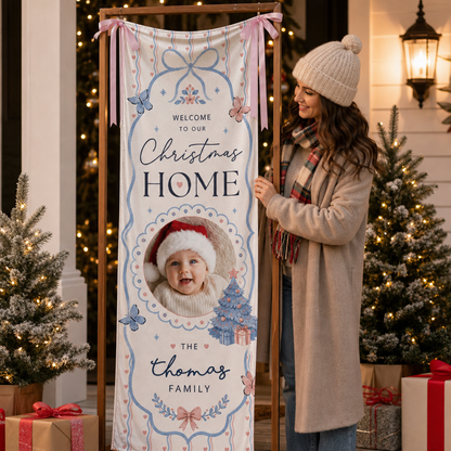 Custom Photo Baby Christmas Family Fabric Welcome Banner, Personalized Family Name Christmas Home Entrance Hanging Sign with Ribbon Ties, Delicate Pastel Blue Bow & Butterfly Decor
