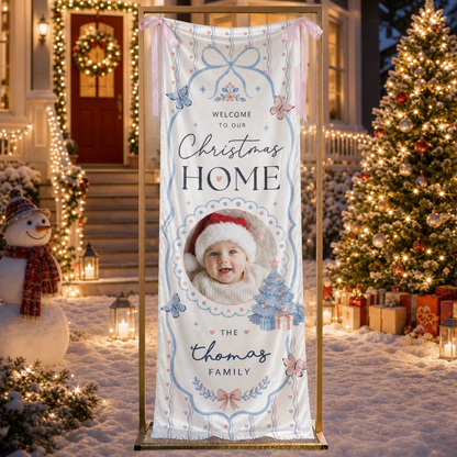 Custom Photo Baby Christmas Family Fabric Welcome Banner, Personalized Family Name Christmas Home Entrance Hanging Sign with Ribbon Ties, Delicate Pastel Blue Bow & Butterfly Decor