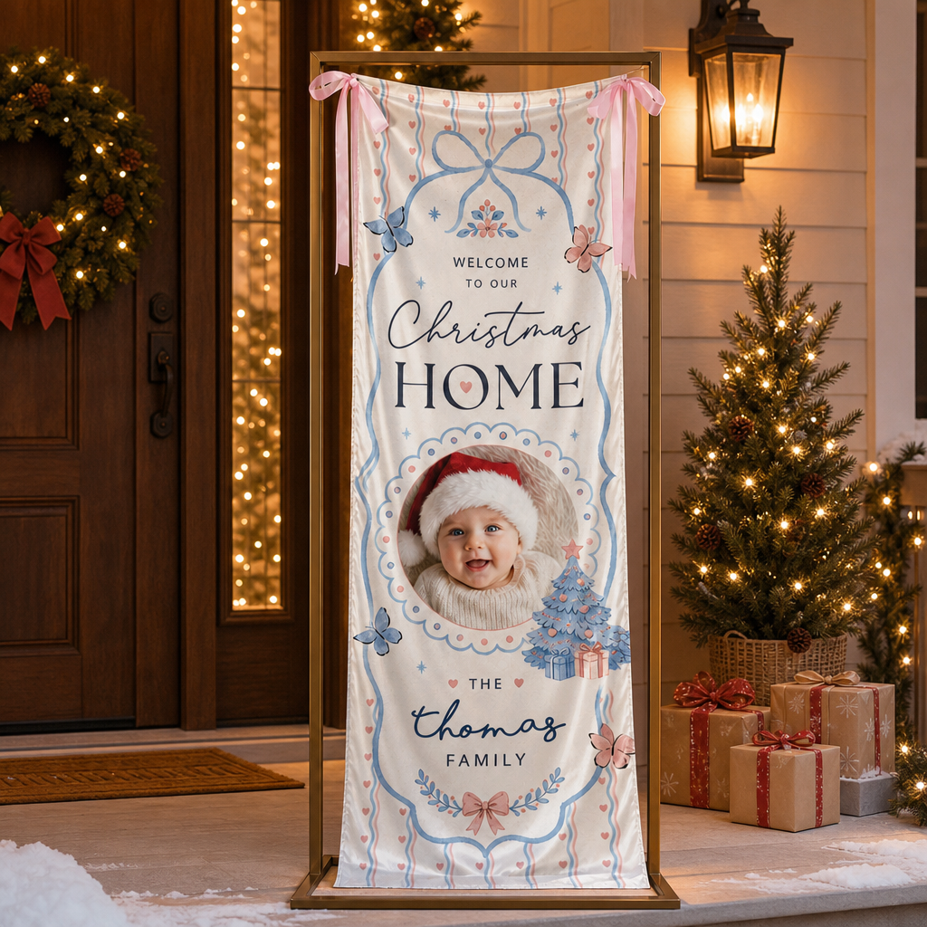 Custom Photo Baby Christmas Family Fabric Welcome Banner, Personalized Family Name Christmas Home Entrance Hanging Sign with Ribbon Ties, Delicate Pastel Blue Bow & Butterfly Decor