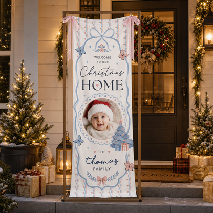 Custom Photo Baby Christmas Family Fabric Welcome Banner, Personalized Family Name Christmas Home Entrance Hanging Sign with Ribbon Ties, Delicate Pastel Blue Bow & Butterfly Decor