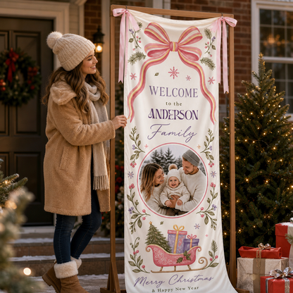 Custom Photo Coquette Pink Bow Christmas Family Fabric Welcome Banner, Personalized Family Name Entrance Hanging Sign with Ribbon Ties, Pastel Santa Sleigh Xmas Party Decor