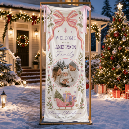 Custom Photo Coquette Pink Bow Christmas Family Fabric Welcome Banner, Personalized Family Name Entrance Hanging Sign with Ribbon Ties, Pastel Santa Sleigh Xmas Party Decor