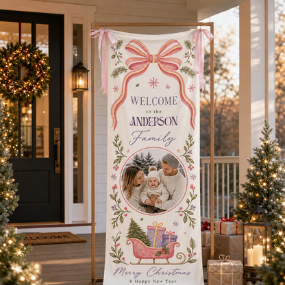 Custom Photo Coquette Pink Bow Christmas Family Fabric Welcome Banner, Personalized Family Name Entrance Hanging Sign with Ribbon Ties, Pastel Santa Sleigh Xmas Party Decor