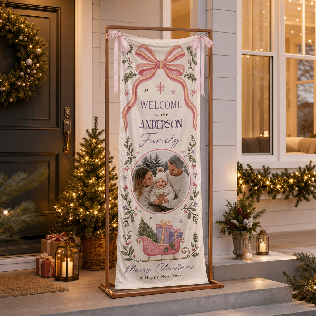 Custom Photo Coquette Pink Bow Christmas Family Fabric Welcome Banner, Personalized Family Name Entrance Hanging Sign with Ribbon Ties, Pastel Santa Sleigh Xmas Party Decor