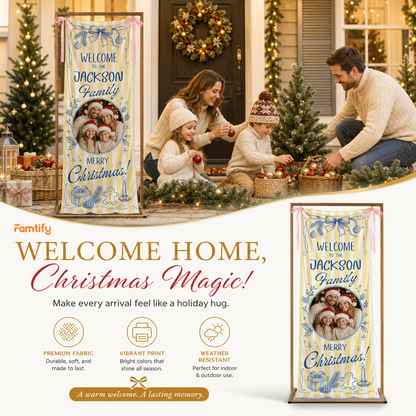 Custom Photo Yellow Stripe Christmas Family Fabric Welcome Banner, Personalized Family Name Entrance Hanging Sign with Ribbon Ties, Blue Line Toile Xmas Party Decor