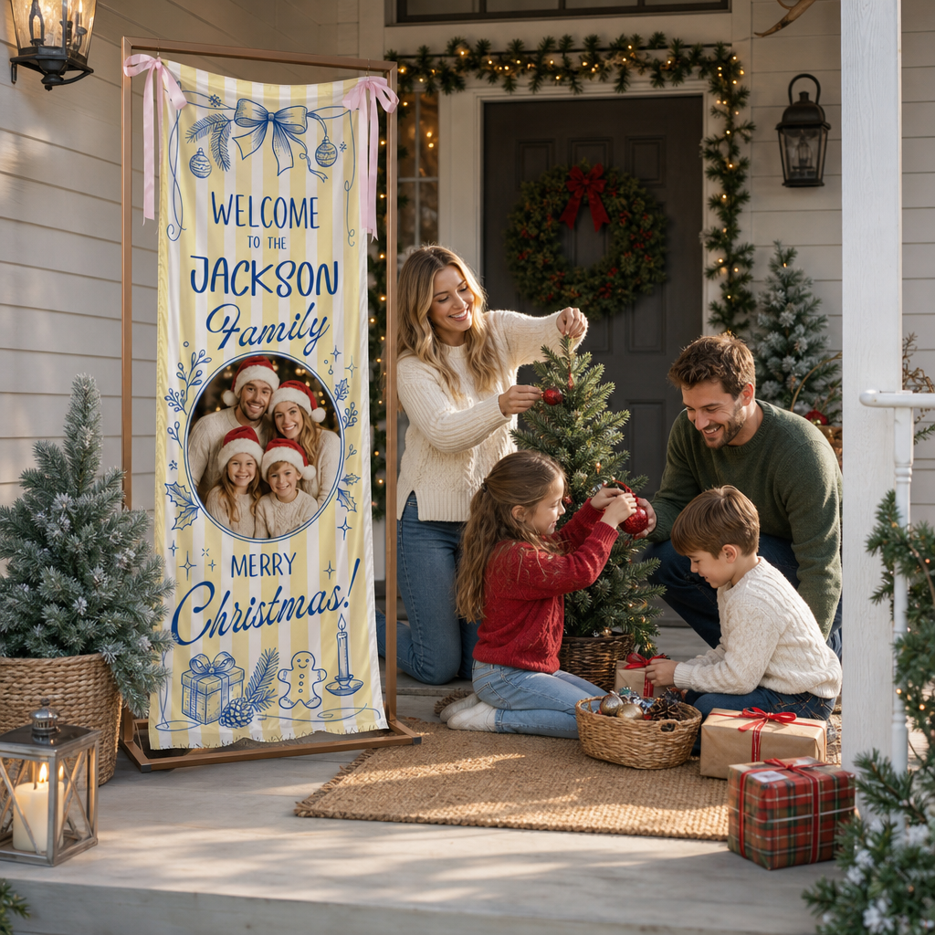 Custom Photo Yellow Stripe Christmas Family Fabric Welcome Banner, Personalized Family Name Entrance Hanging Sign with Ribbon Ties, Blue Line Toile Xmas Party Decor