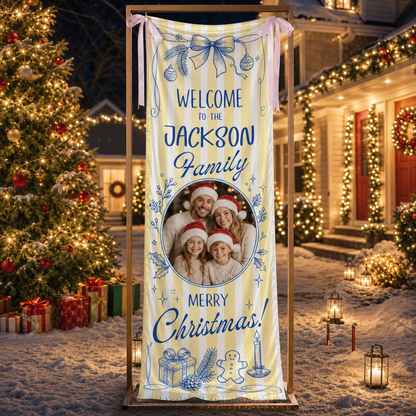 Custom Photo Yellow Stripe Christmas Family Fabric Welcome Banner, Personalized Family Name Entrance Hanging Sign with Ribbon Ties, Blue Line Toile Xmas Party Decor