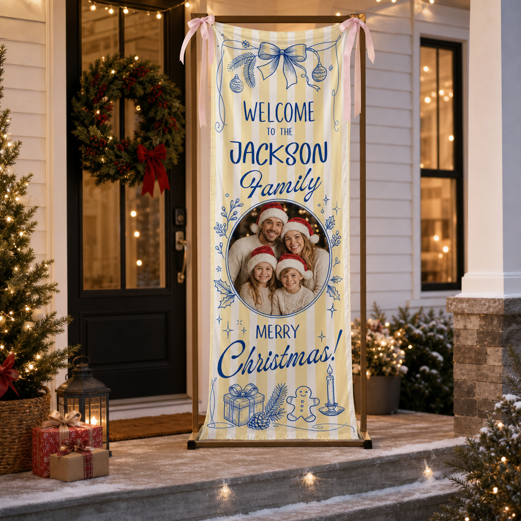 Custom Photo Yellow Stripe Christmas Family Fabric Welcome Banner, Personalized Family Name Entrance Hanging Sign with Ribbon Ties, Blue Line Toile Xmas Party Decor