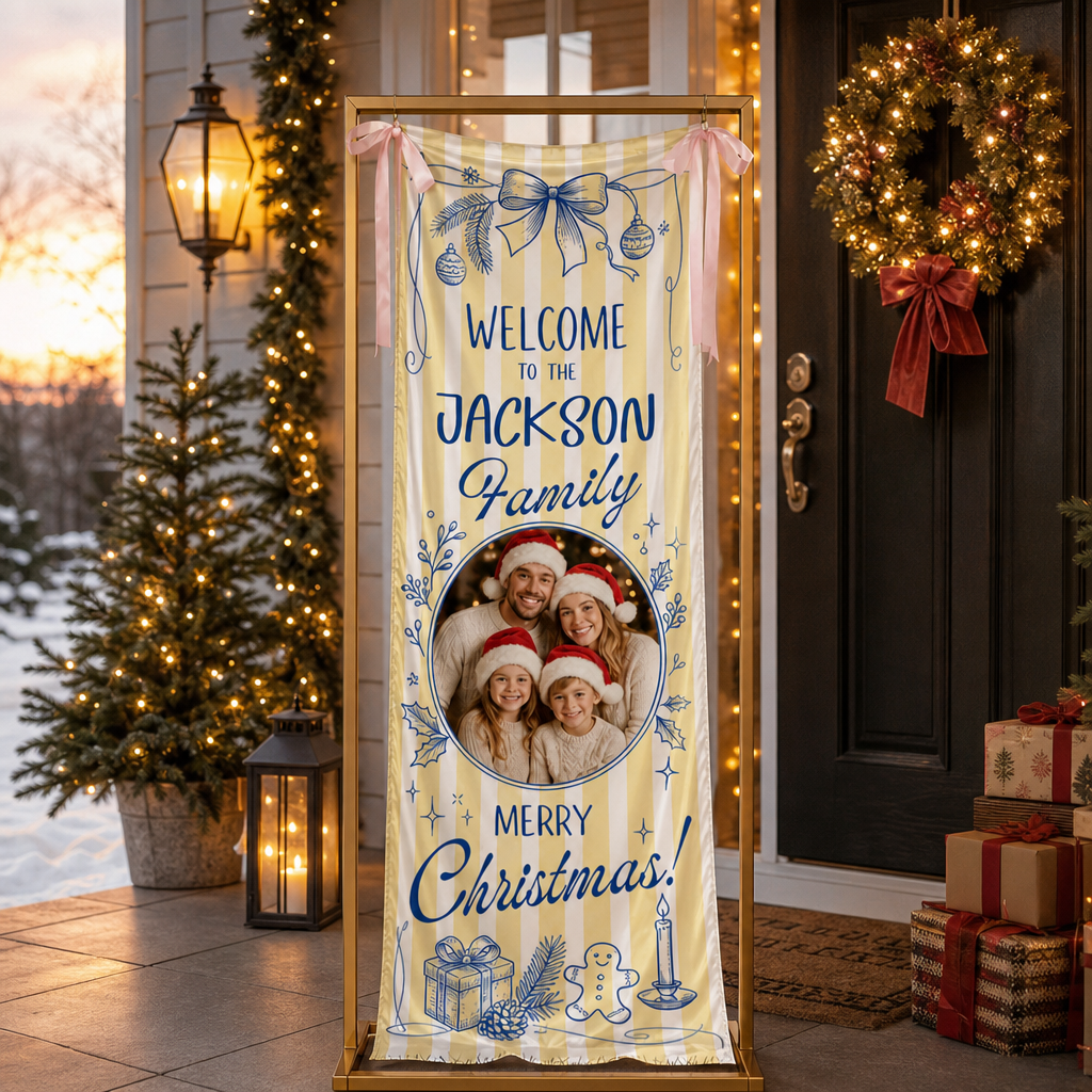 Custom Photo Yellow Stripe Christmas Family Fabric Welcome Banner, Personalized Family Name Entrance Hanging Sign with Ribbon Ties, Blue Line Toile Xmas Party Decor