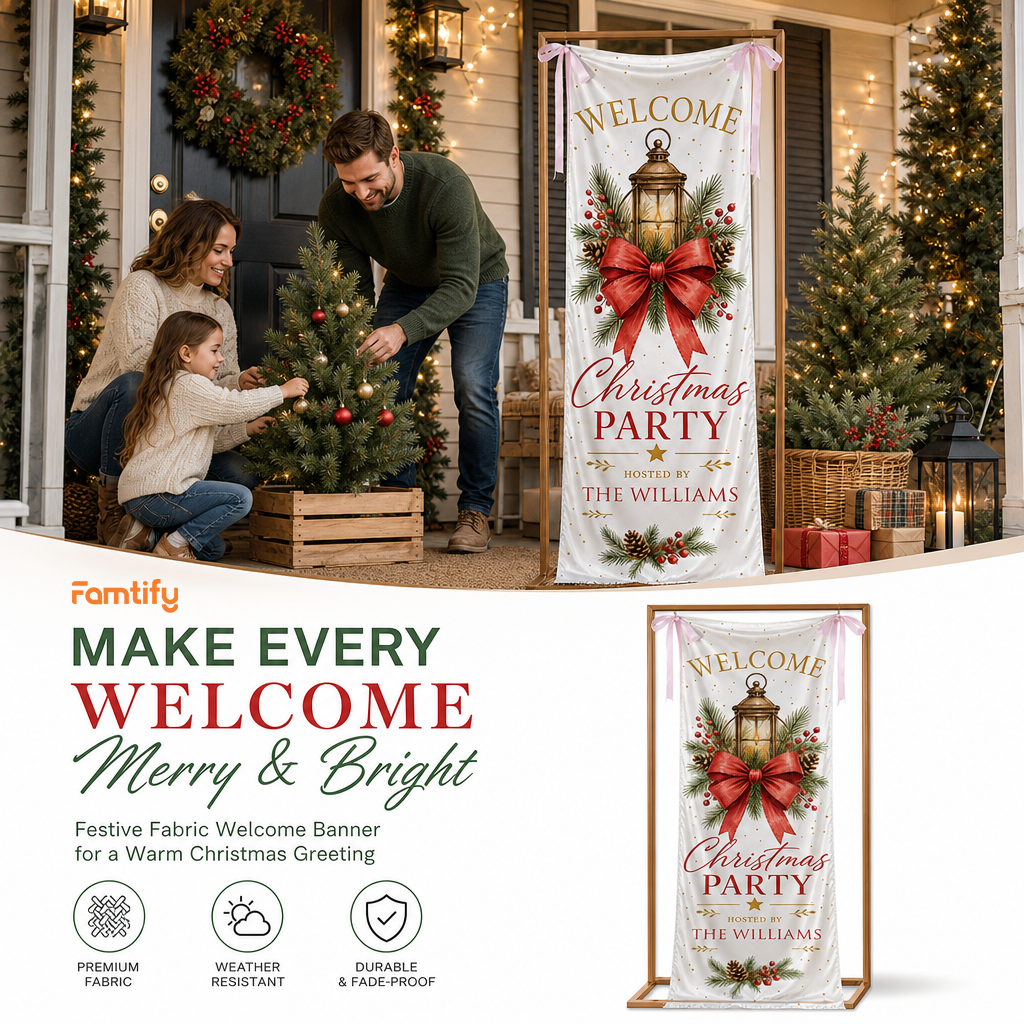 Vintage Christmas Lantern Fabric Welcome Banner, Personalized Family Name Christmas Party Entrance Hanging Sign with Ribbon Ties, Red Bow Pinecone Holiday Party Decor