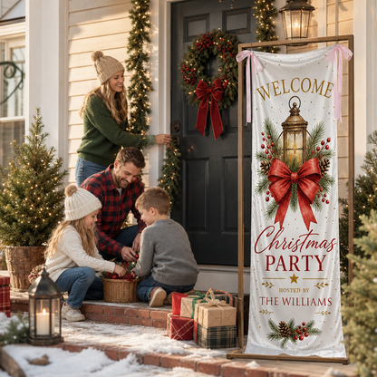 Vintage Christmas Lantern Fabric Welcome Banner, Personalized Family Name Christmas Party Entrance Hanging Sign with Ribbon Ties, Red Bow Pinecone Holiday Party Decor
